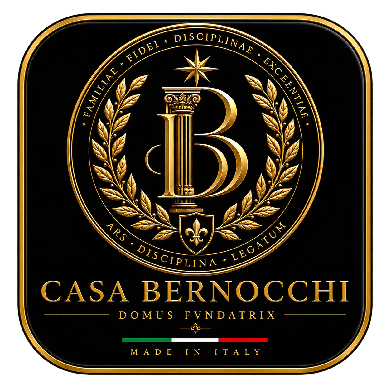 Emblema aprobado Casa Bernocchi®: escudo dorado, Domus Fundatrix y bandera italiana
